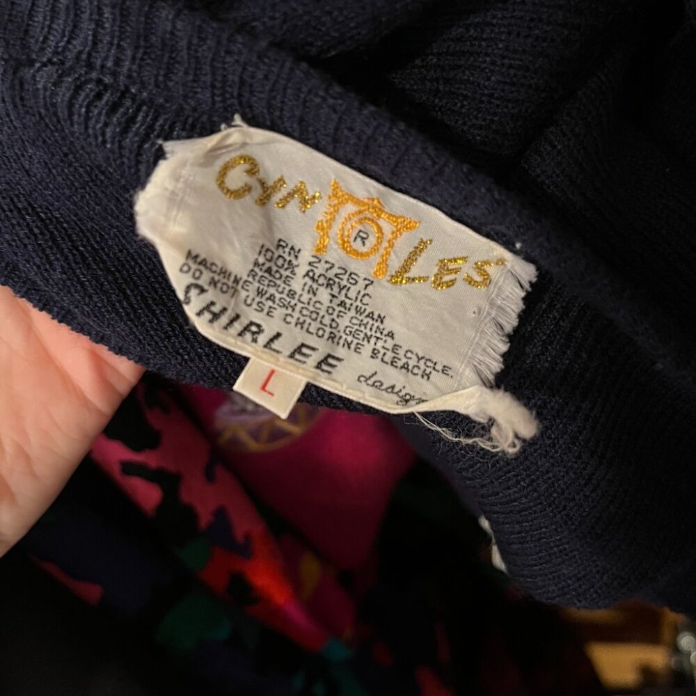 vintage 70s sweater navy embroidered FROGS Cyn Les Shirlee jumper top shirt M L - Picture 8 of 8